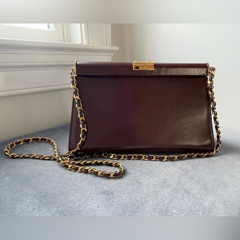 Vintage Escada Brown Leather Evening Bag with Gold Chain